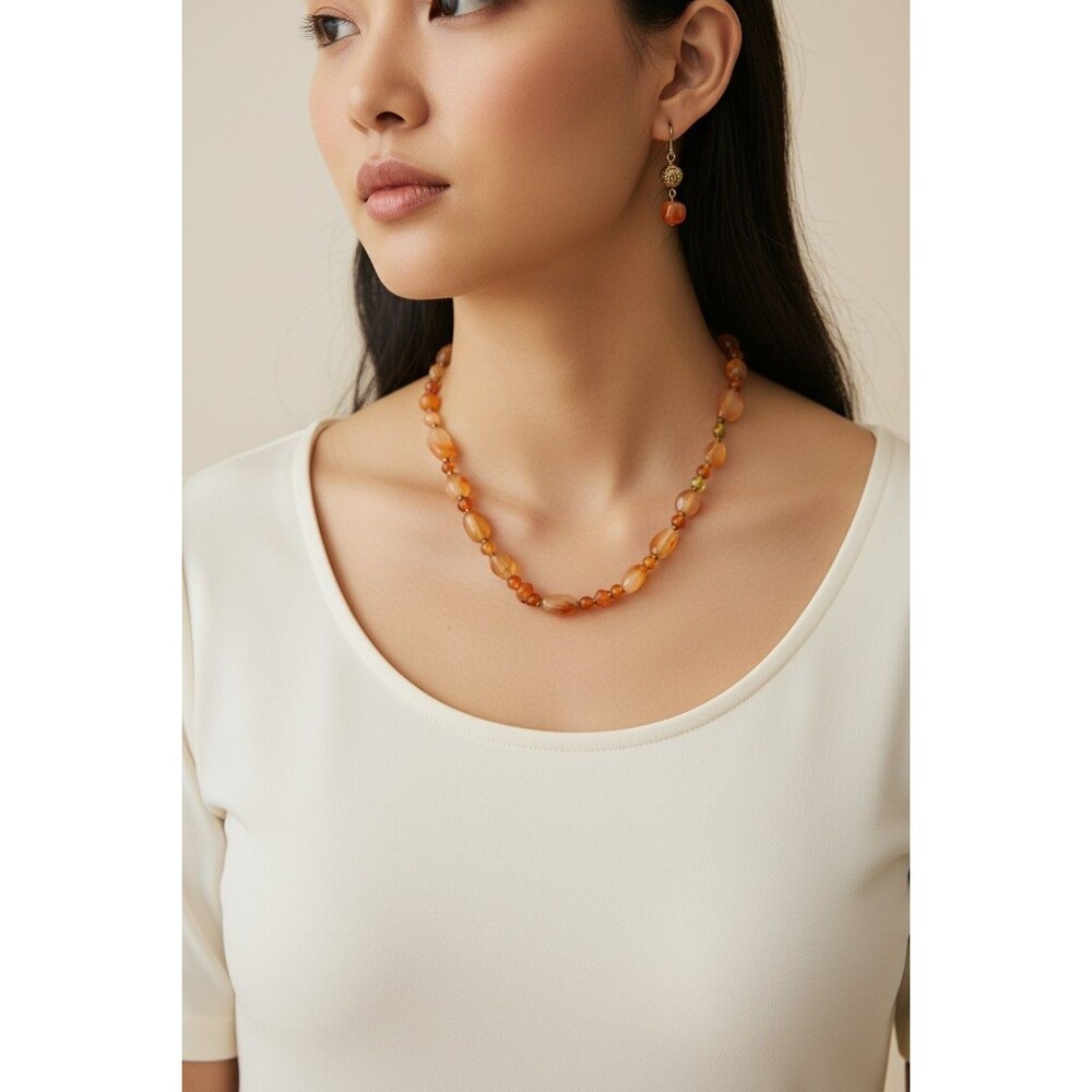 VTG Polished Carnelian Beaded Necklace w/Brass Spacers & Earring Set 17.5"